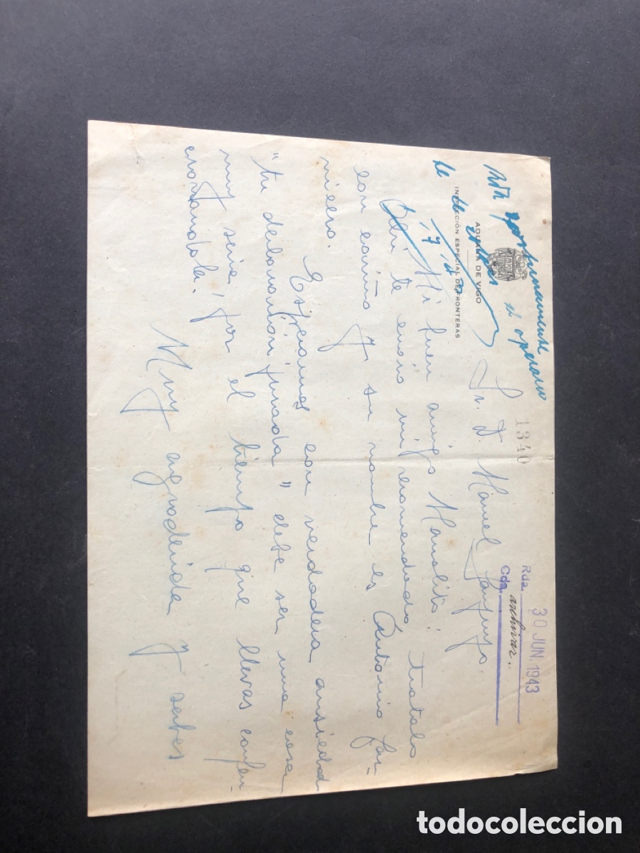 Documentos antiguos: Carta rara ADUANA DE VIGO inspecci&oacute;n especial de fronteras
