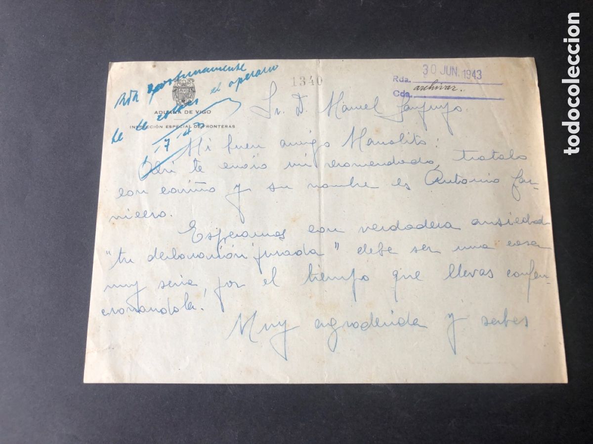 Documents Anciens: Carta rara ADUANA DE VIGO inspecci&oacute;n especial de fronteras
