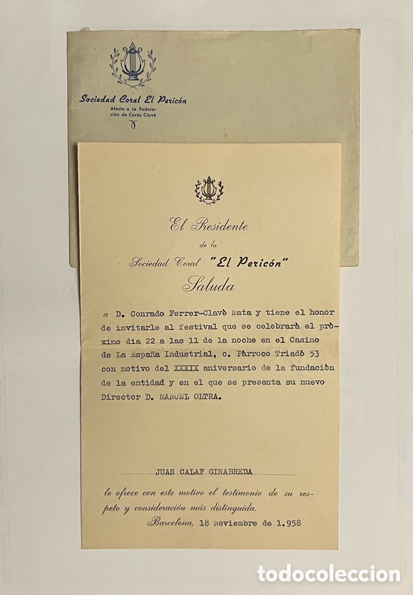 Documentos antiguos: BARCELONA. Sociedad Coral EL PERICON.. invitaci&oacute;n Festival a Conrado Ferrer-Clave.. (a.1958)