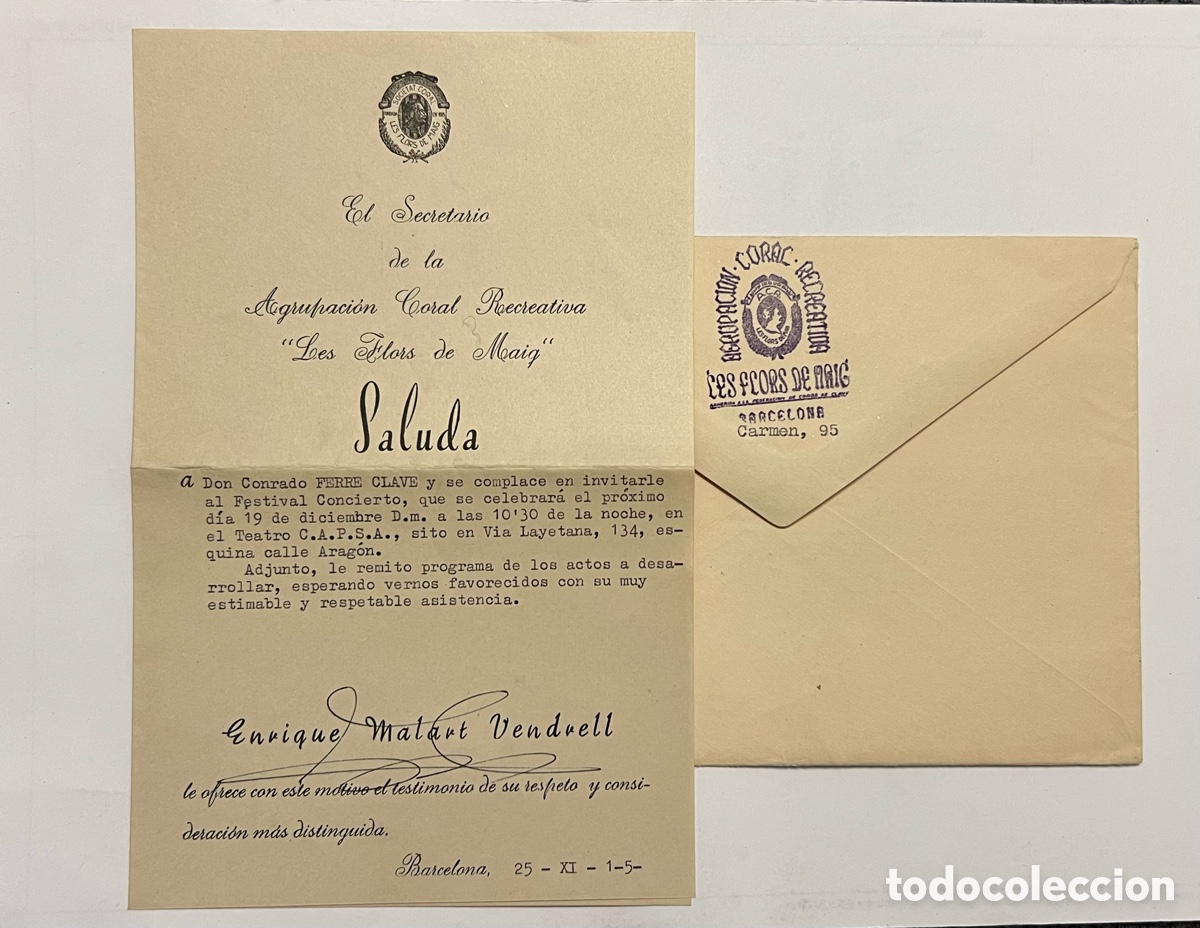 Documentos antiguos: BARCELONA. Agrupaci&oacute;n Coral Recreativa LES FLORS DE MAIG.. invitaci&oacute;n a D Conrado Ferrer Clave