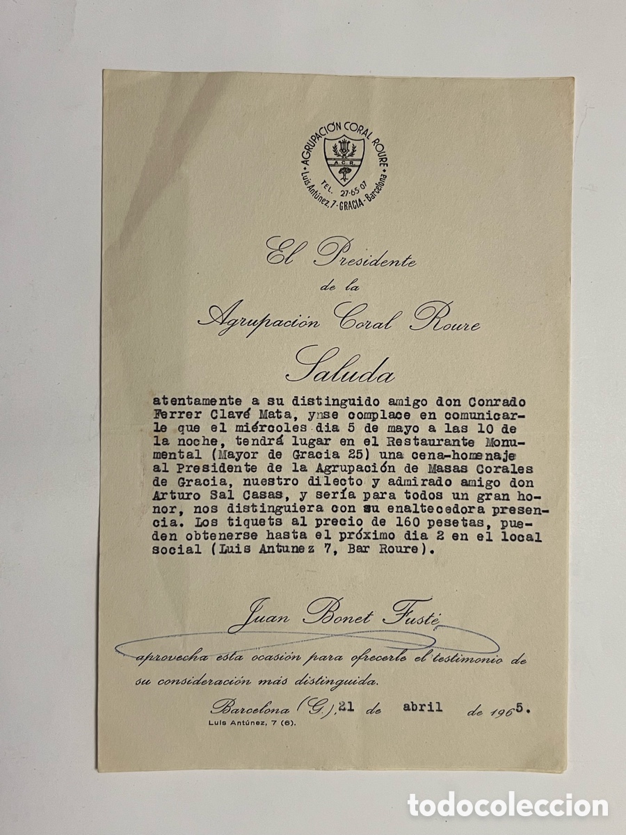 Documentos antiguos: BARCELONA. Agrupaci&oacute;n Coral ROURE, Gracia.. invitaci&oacute;n a D. Conrado Ferrer Clave.. (a.1965)