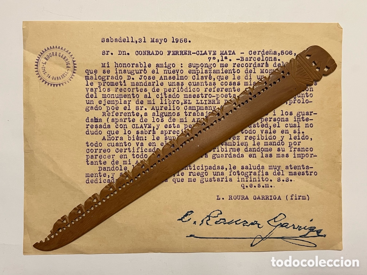 Documentos antiguos: SABADELL. L. Roura Garriga carta mecanografiada a Conrado Ferrer-Clave. Firmada y r&uacute;bricada (a.1956)