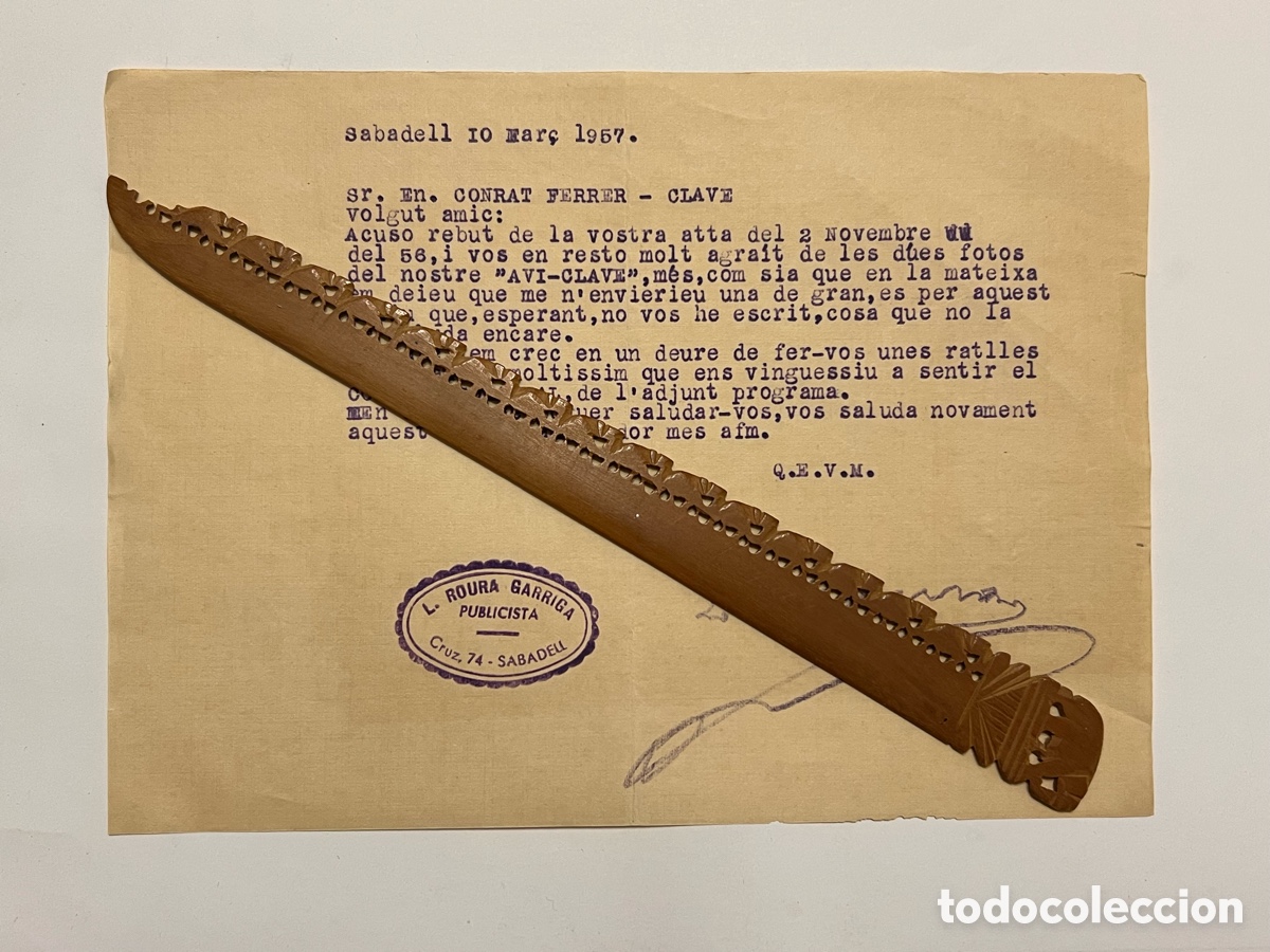 Documentos antiguos: SABADELL. L. Roura Garriga carta mecanografiada a Conrado Ferrer-Clave. Firmada y r&uacute;bricada (a.1957)