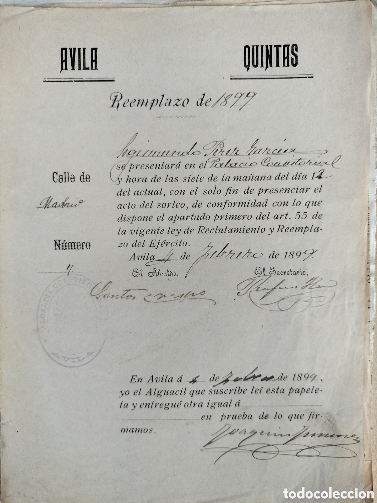 Documentos antiguos: &Aacute;vila. Quintas. Reemplazo de 1899.