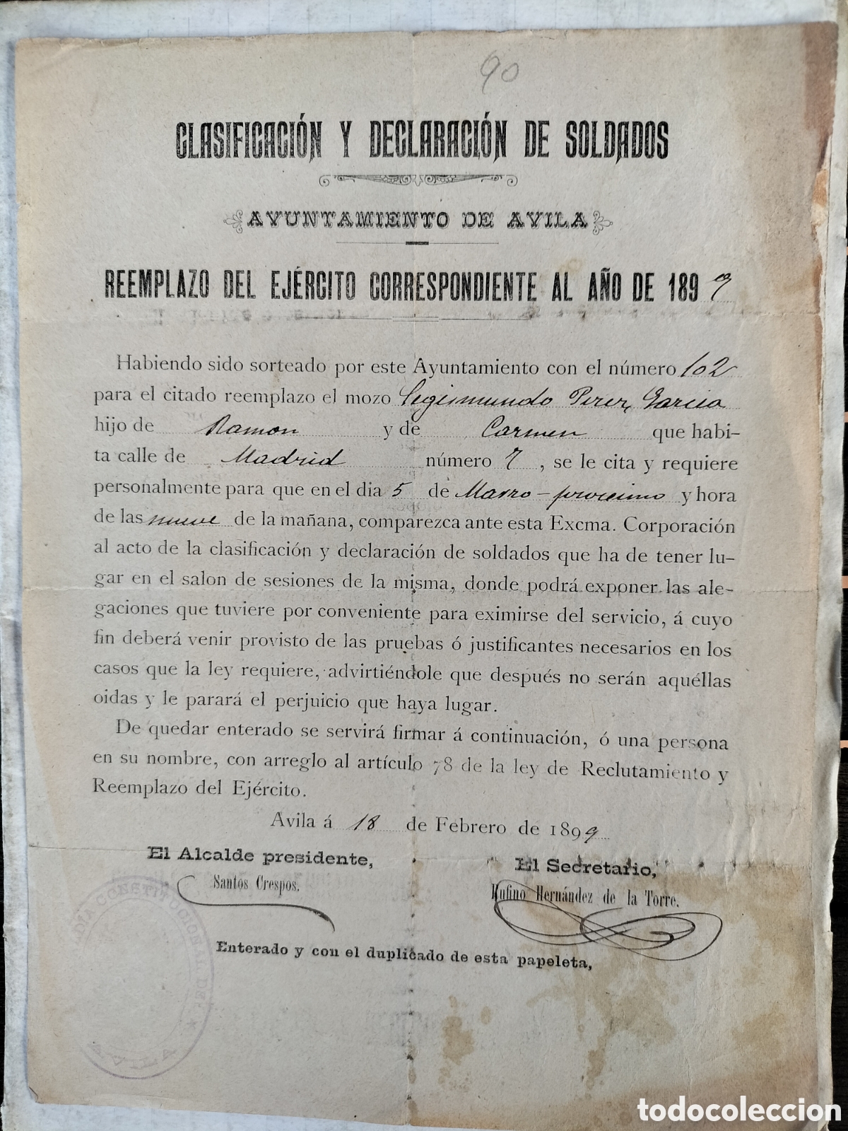 Documentos antiguos: &Aacute;vila. Clasificaci&oacute;n y Declaraci&oacute;n de Soldados. 1899