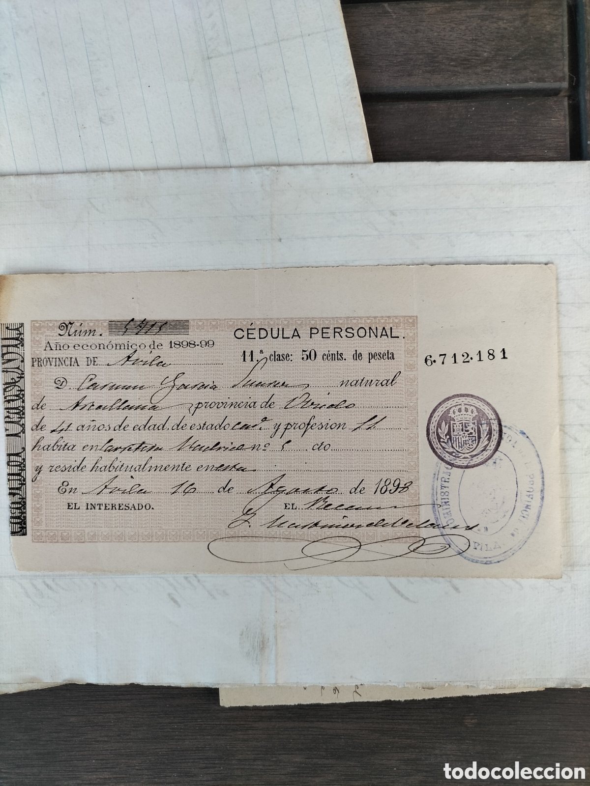 Documentos antiguos: &Aacute;vila. C&eacute;dula Personal. 50 Cents de Peseta. 1898.
