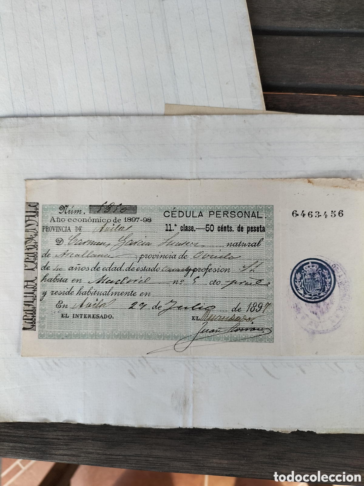 Documentos antiguos: &Aacute;vila C&eacute;dula Personal. 50 Cents de Peseta. 1897