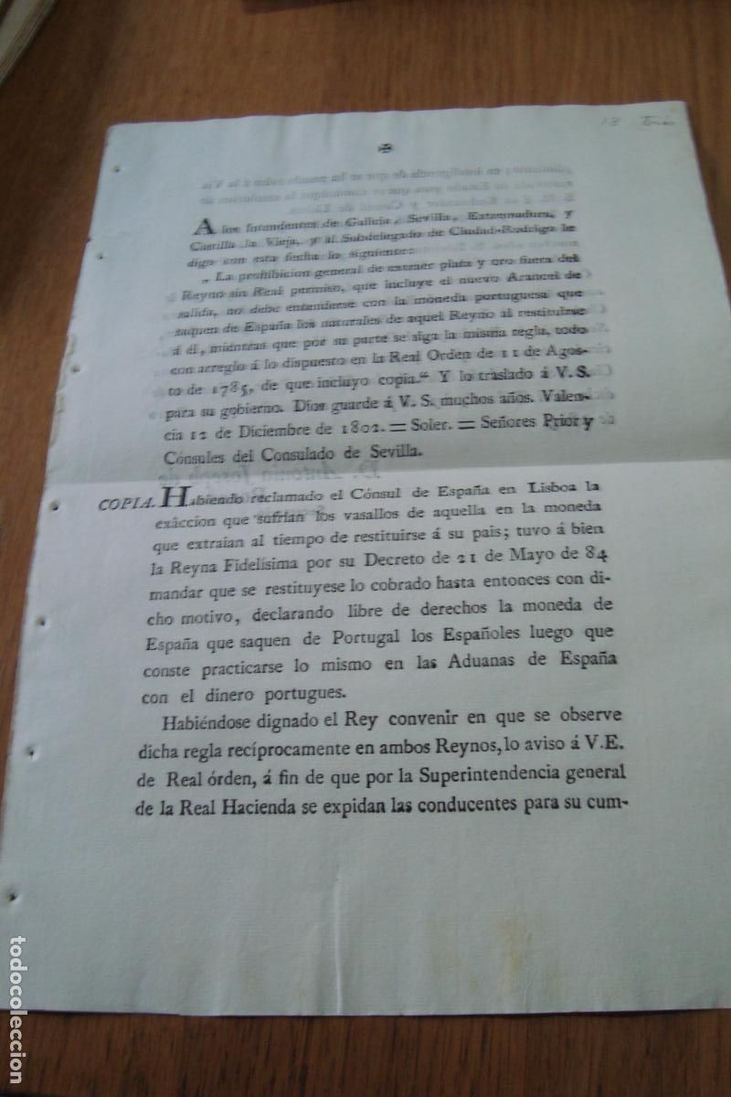 Documentos antiguos: ORDEN REAL PROHIBICION DE EXTRAER PLATA Y ORO DEL REINO. CONSUL LISBOA. SEVILLA 1802. JOSEPH POSADA