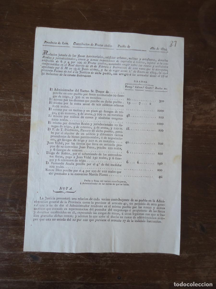 Documentos antiguos: PROVINCIA DE LEON. CONTRIBUCION DE FRUTOS CIVILES. 1824
