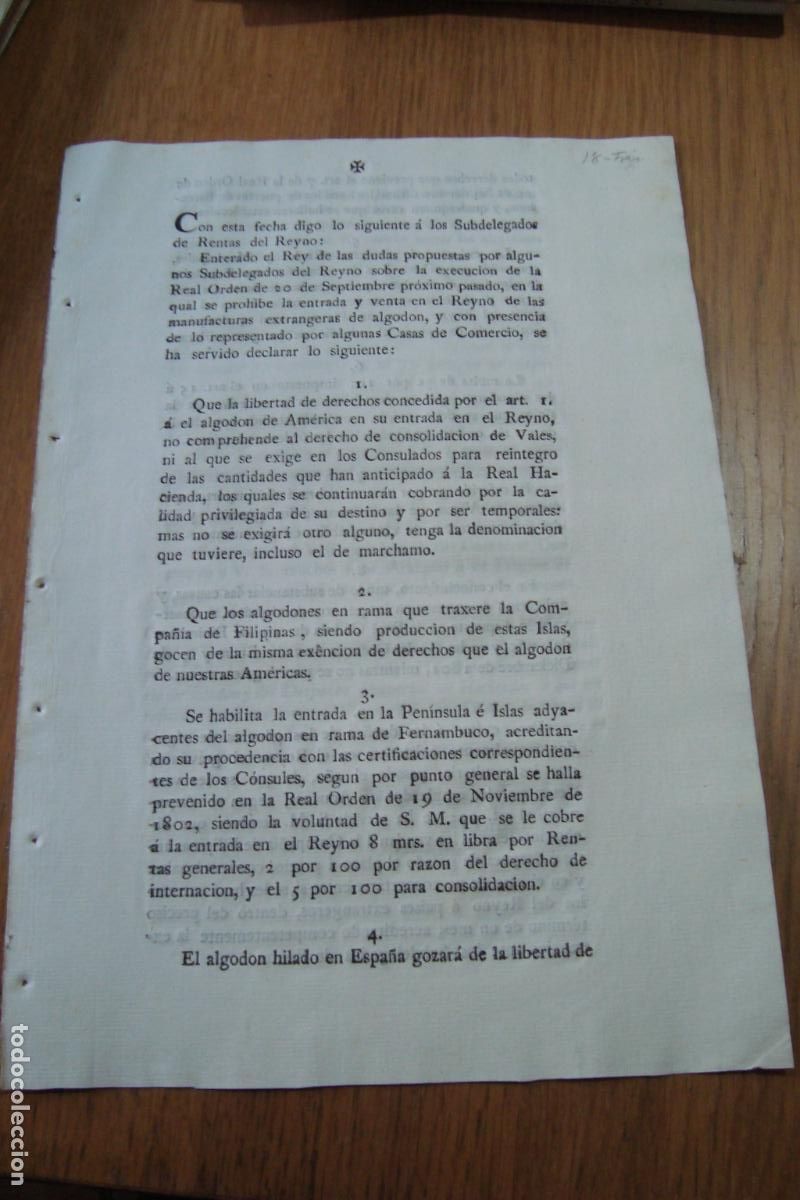 Documentos antiguos: REAL ORDEN RELATIVO AL COMERCIO DE ALGODON DE AMERICA Y COMPA&Ntilde;IA FILIPINAS. ARANJUEZ Y SEVILLA 1803