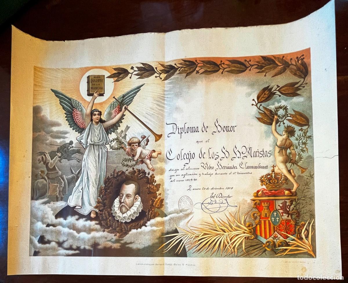 Documentos antiguos: Diploma de Honor del Colegio de los Maristas, de ZAMORA, A&ntilde;o 1929. Mide 61 x 48 cms.