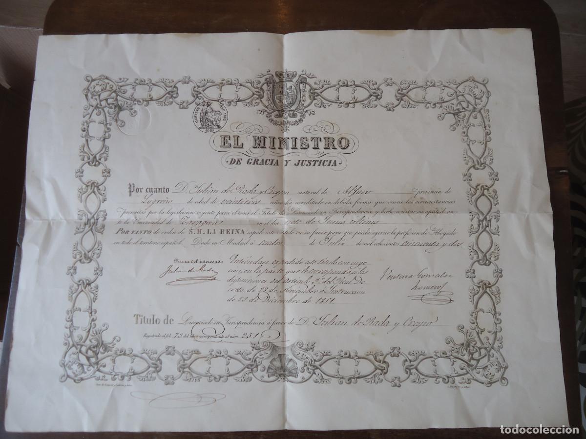 Documentos antiguos: T&Iacute;TULO DE LICENCIADO EN JURISPRUDENCIA. JULI&Aacute;N DE RADA Y CRESPO. MADRID 1852