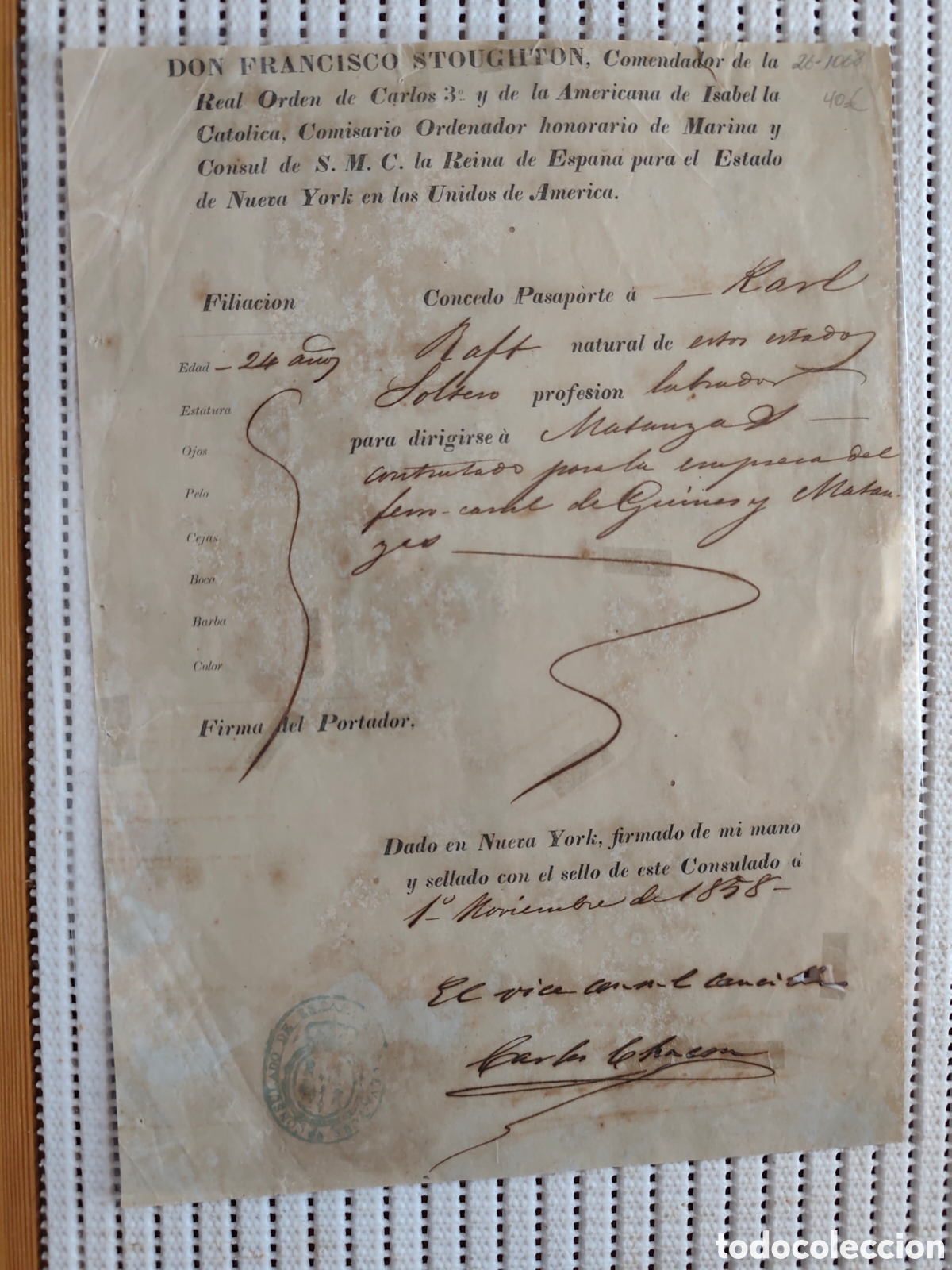 Documentos antiguos: 26-1068 CONCEDO PASAPORTE AL SR.KARL PARA VIAJAR A MATANZAS.