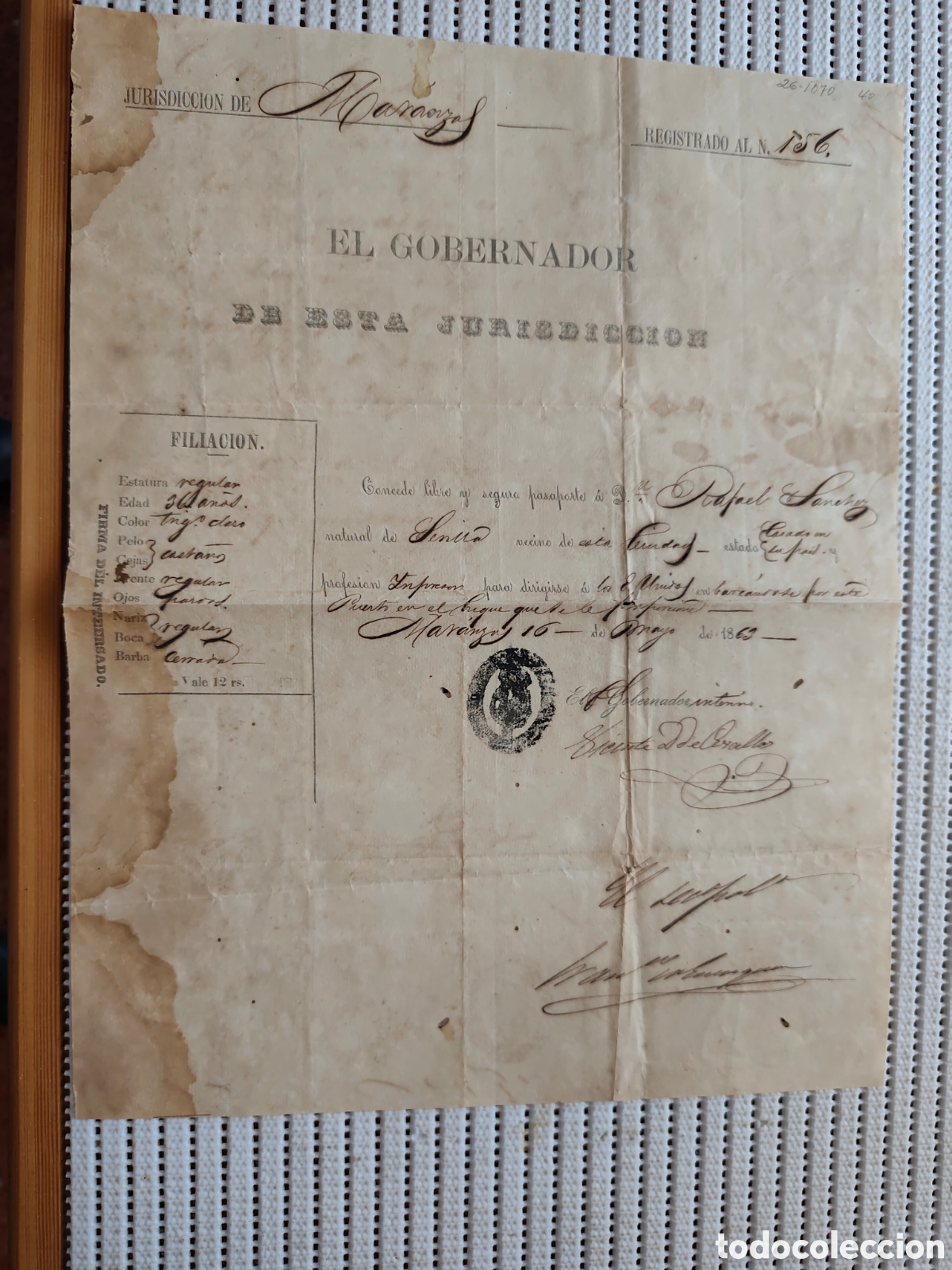 Documentos antiguos: 26-1070 D.RAFAEL SOLICITA PASAPORTE PARA VIAJAR A E.UNIDOS.