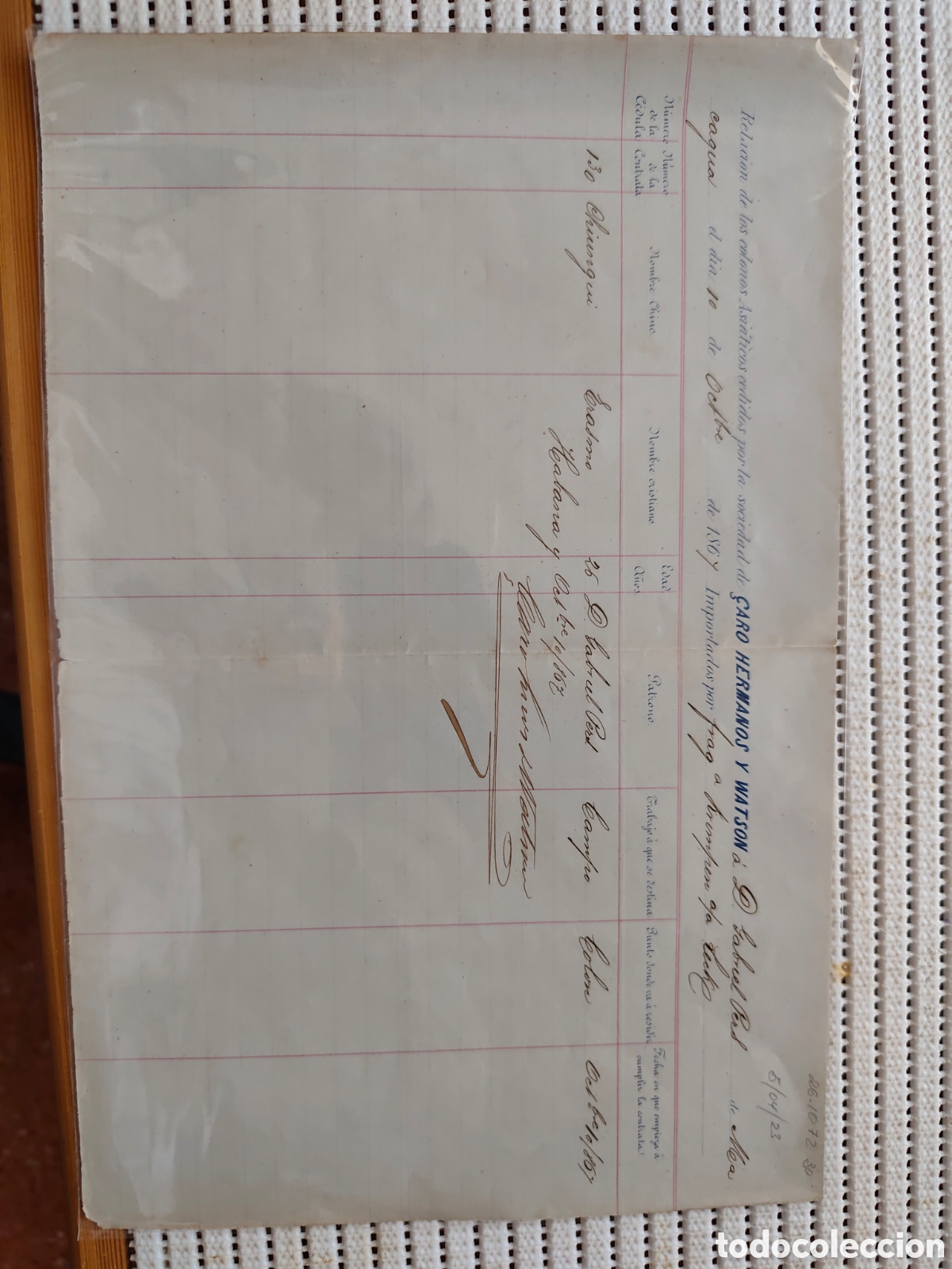 Documentos antiguos: 26-1072 RELACI&Oacute;N DE COLONOS ASIATICOS CEDIDOS POR LA SOCIEDAD A D.GABRIEL.