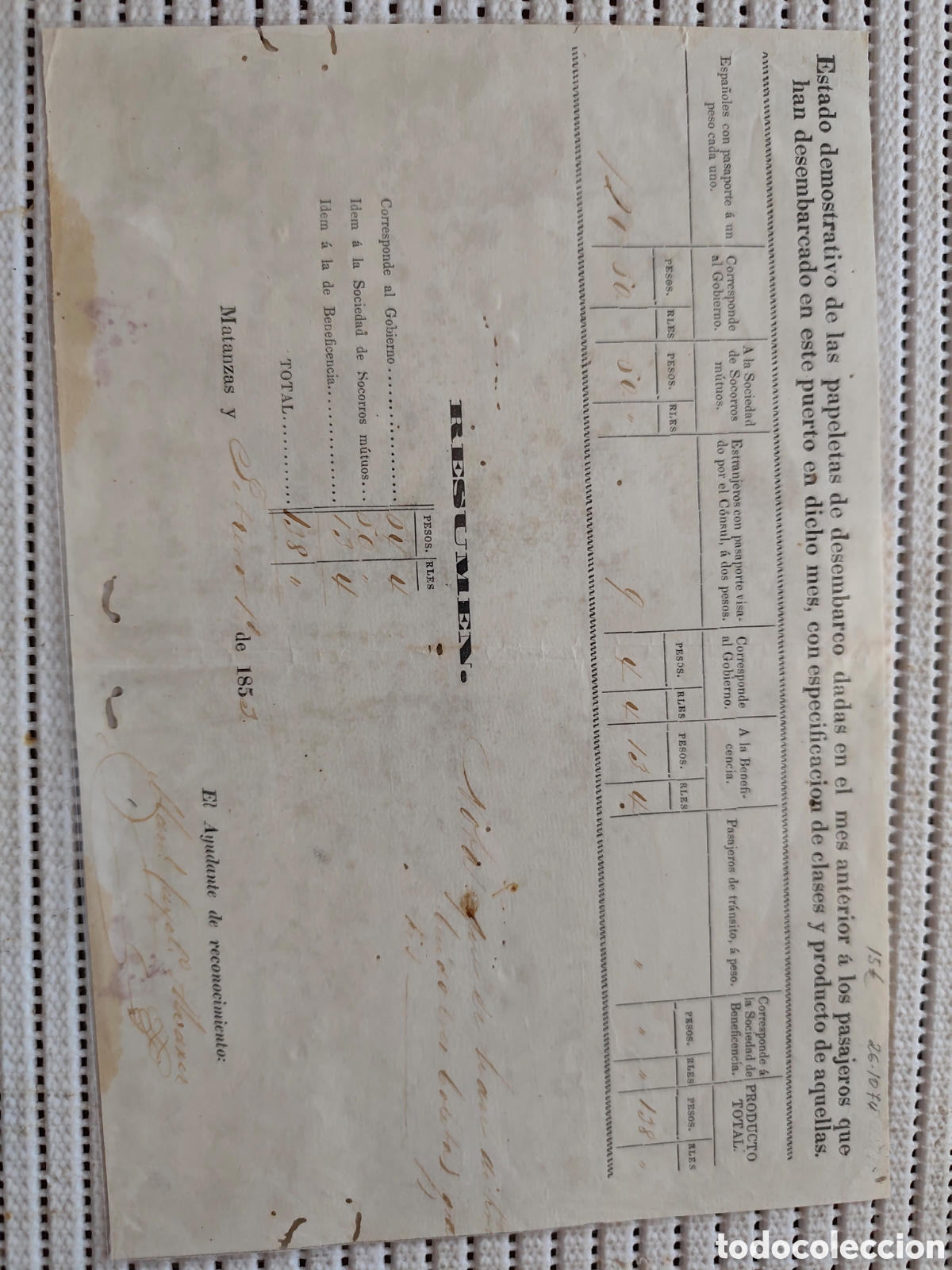 Documentos antiguos: 26-1074 PAPELETAS DE DESEMBARCO DADAS EN EL MES ANTERIOR.