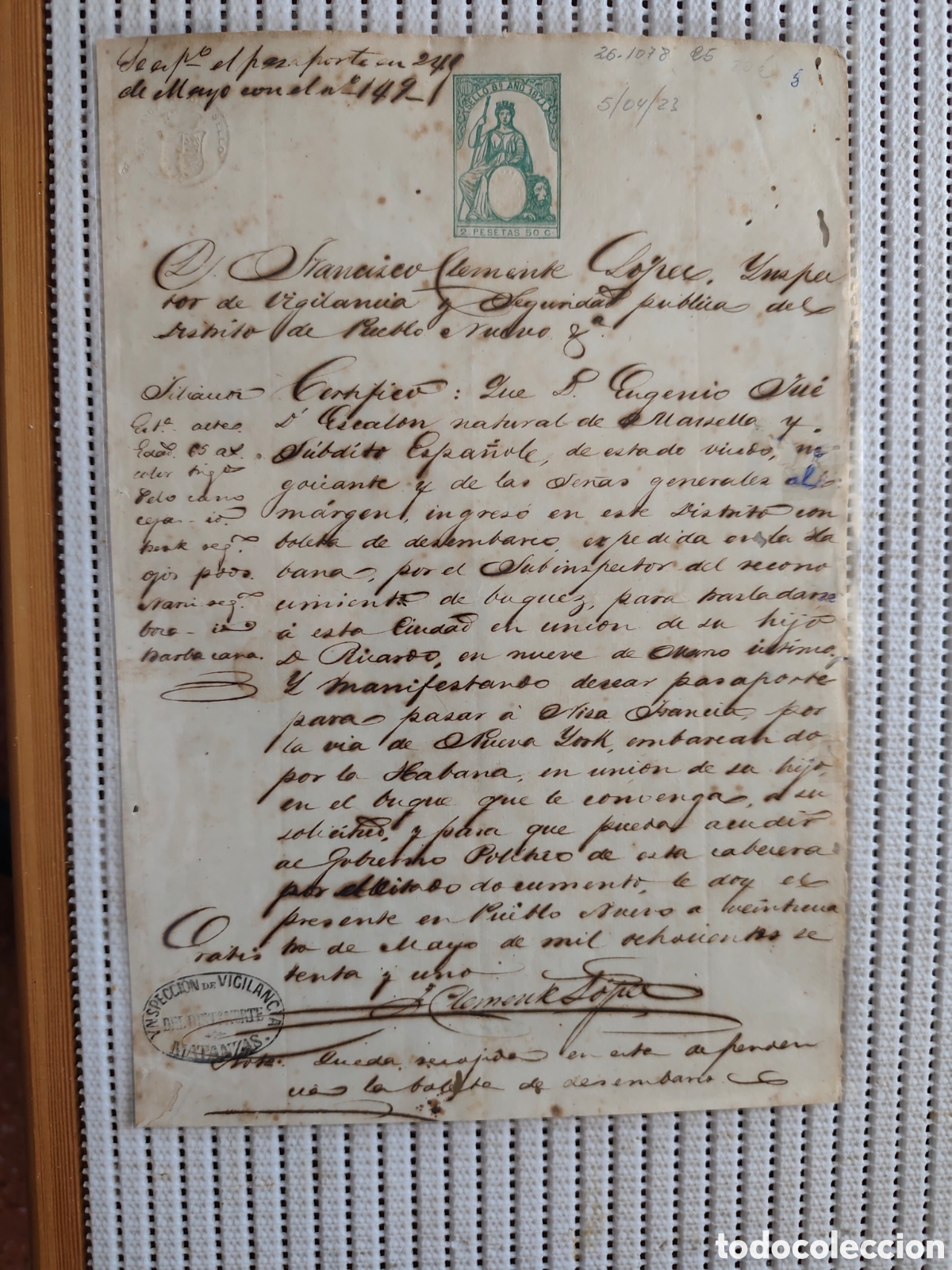 Documentos antiguos: 26-1078 D.EUGENIO OSUE, SOLICITA PASAPORTE PARA VIAJAR A NIZA FRANCIA.