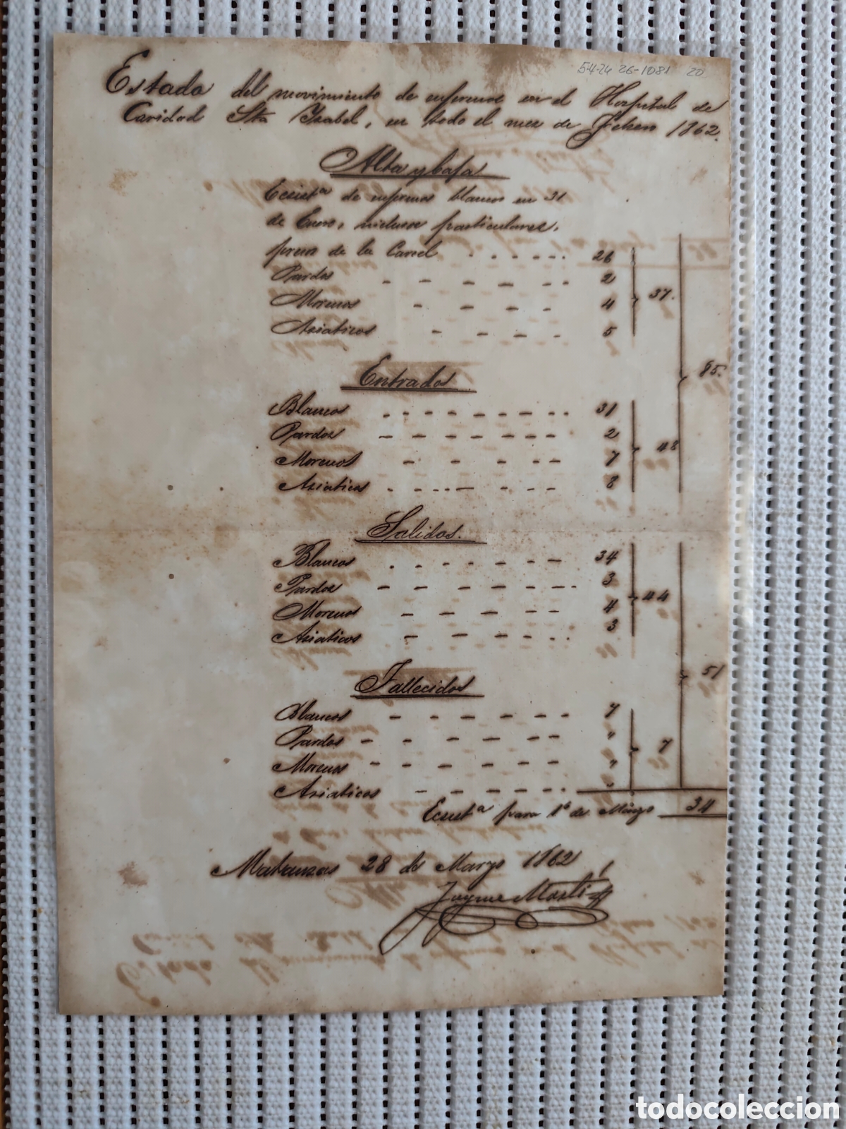 Documentos antiguos: 26-1081 N&Uacute;MERO DE ENFERMOS EN EL HOSPITAL DE CARIDAD.