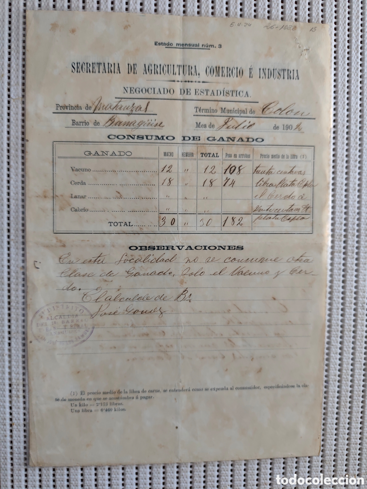 Documentos antiguos: 26-1082 CONSUMO DE GANADO VACUNO,CERDA,LANAR,CABRIO.