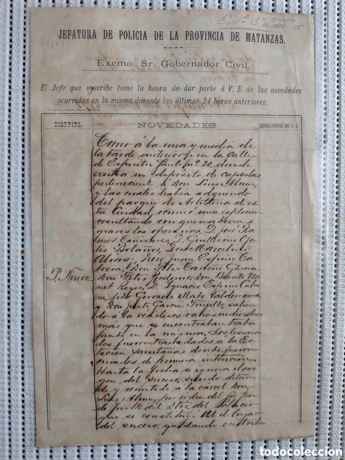 Documentos antiguos: 26-1084 NOVEDADES OCURRIDAS DURNTE EL DIA Y LA NOCHE.