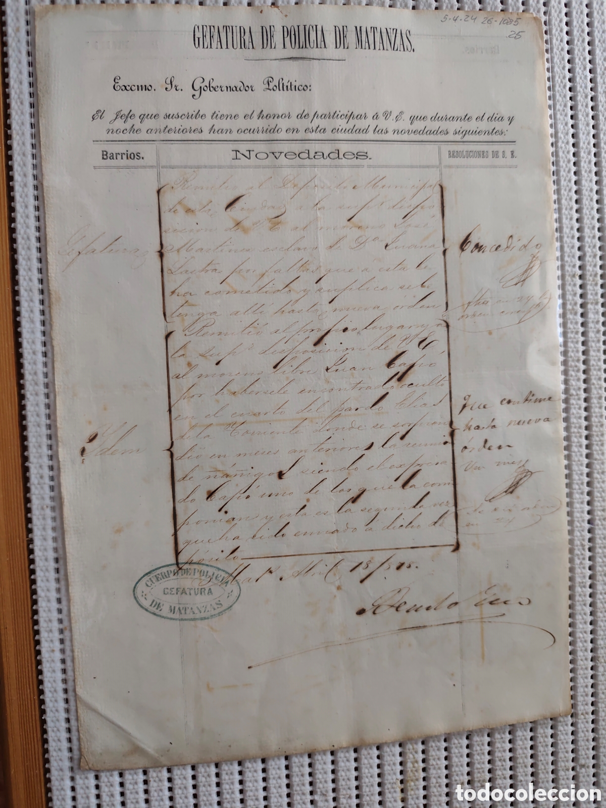 Documentos antiguos: 26-1085 NOVEDADES OCURRIDAS DURANTE EL DIA Y LA NOCHE ANTERIORES.