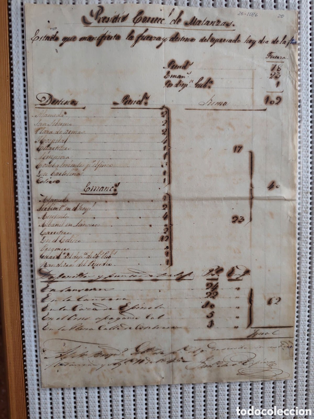 Documentos antiguos: 26-1086 PRESIDIO CORRECCIONAL DE MATANZAS.