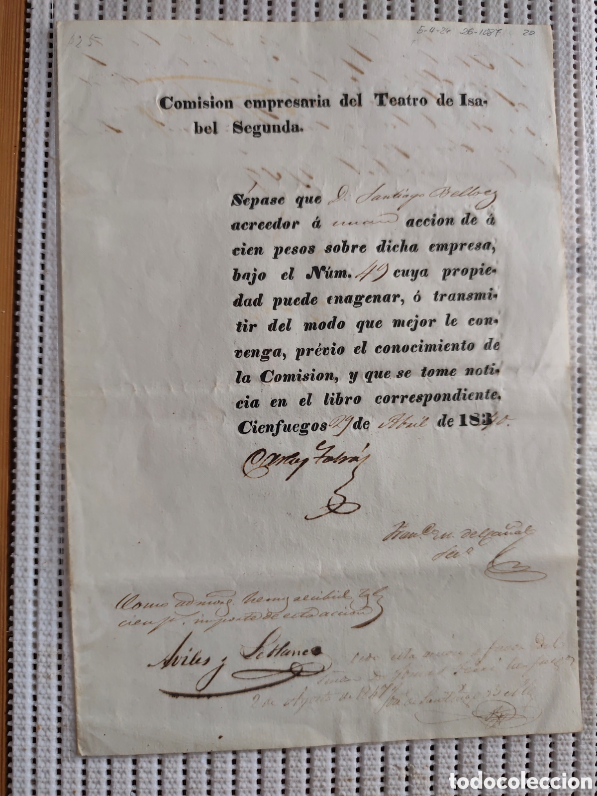 Documentos antiguos: 26-1087 D.JOAQUIN ES ACREEDOR A 1 ACCION DE 100 PESOS.