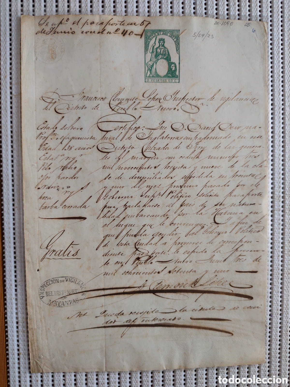 Documentos antiguos: 26-1890 D.DAVID SOLICITA PASAPORTE PARA RETORNAR A SU PAIS.