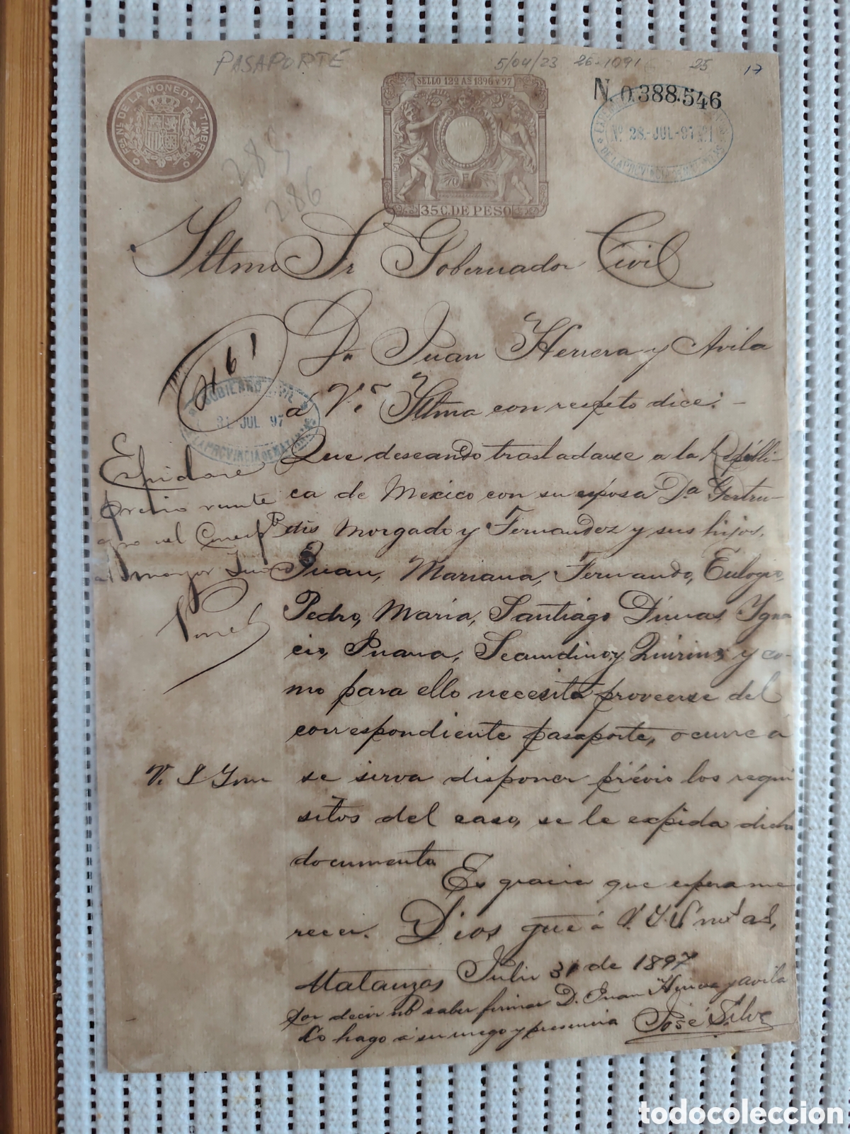 Documentos antiguos: 26-1091 D.JUAN SOLICITA PASAPORTE PARA VIAJAR A REPUBLICA DE M&Eacute;XICO