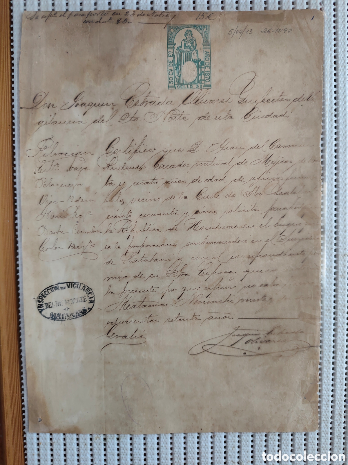 Documentos antiguos: 26-1092 D.JUAN, SOLICITA PASAPORTE PARA VIAJAR A LA REP&Uacute;BLICA DE HONDURAS.