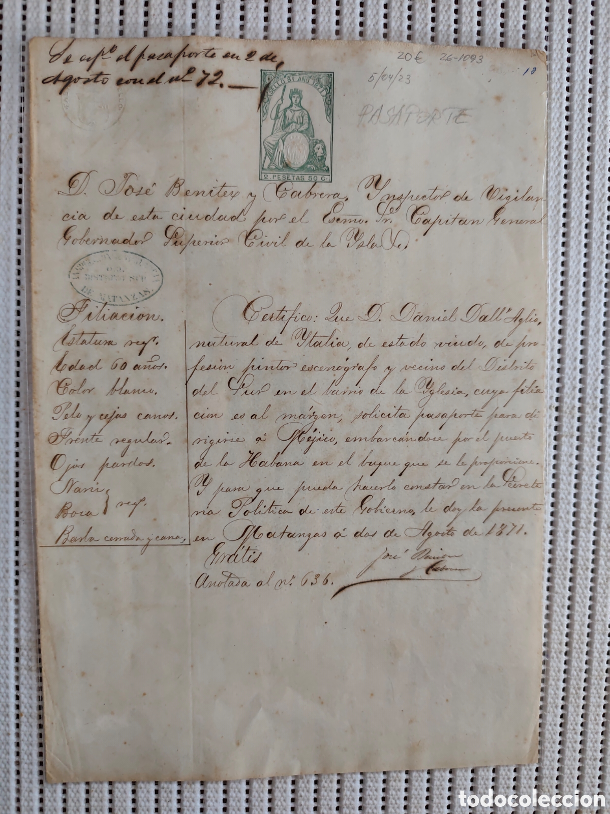 Documentos antiguos: 26-1093 D.DANIEL, SOLICITA PASAPORTE PARA VIAJAR A M&Eacute;XICO.
