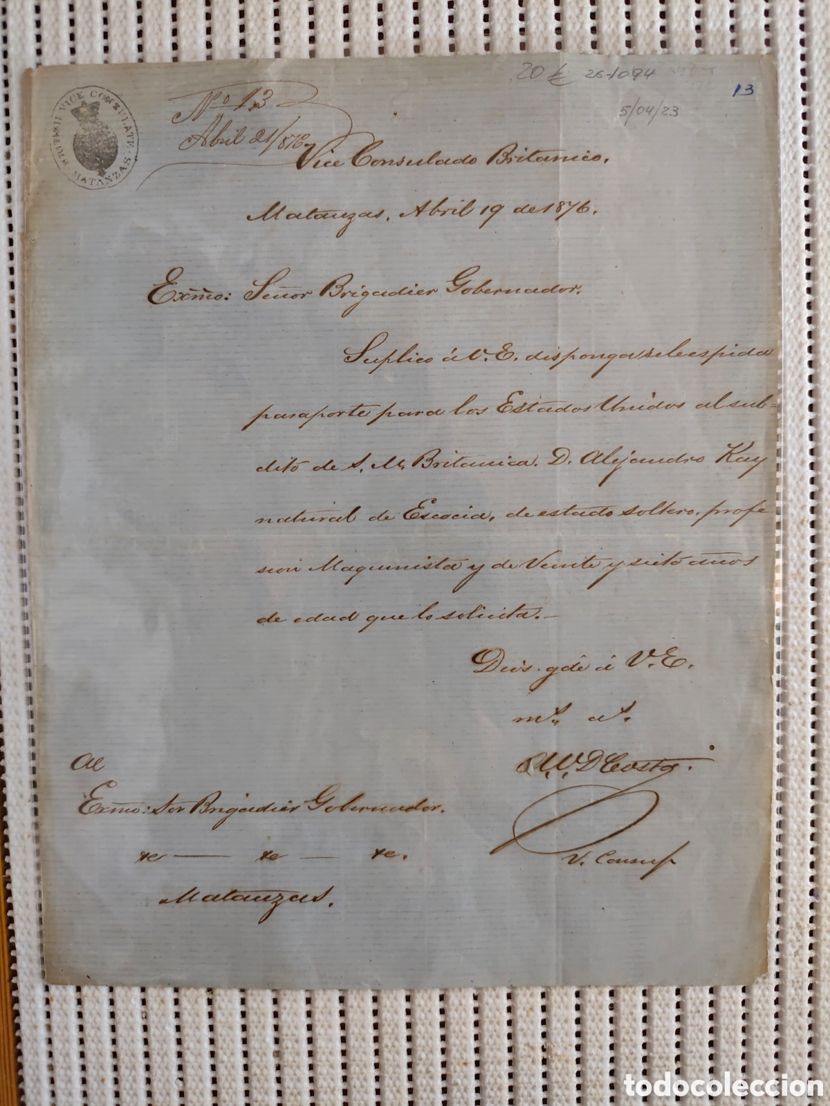 Documentos antiguos: 26-1094 D.ALEJANDRO, SOLICITA PASAPORTE PARA VIAJAR A E.UNIDOS.