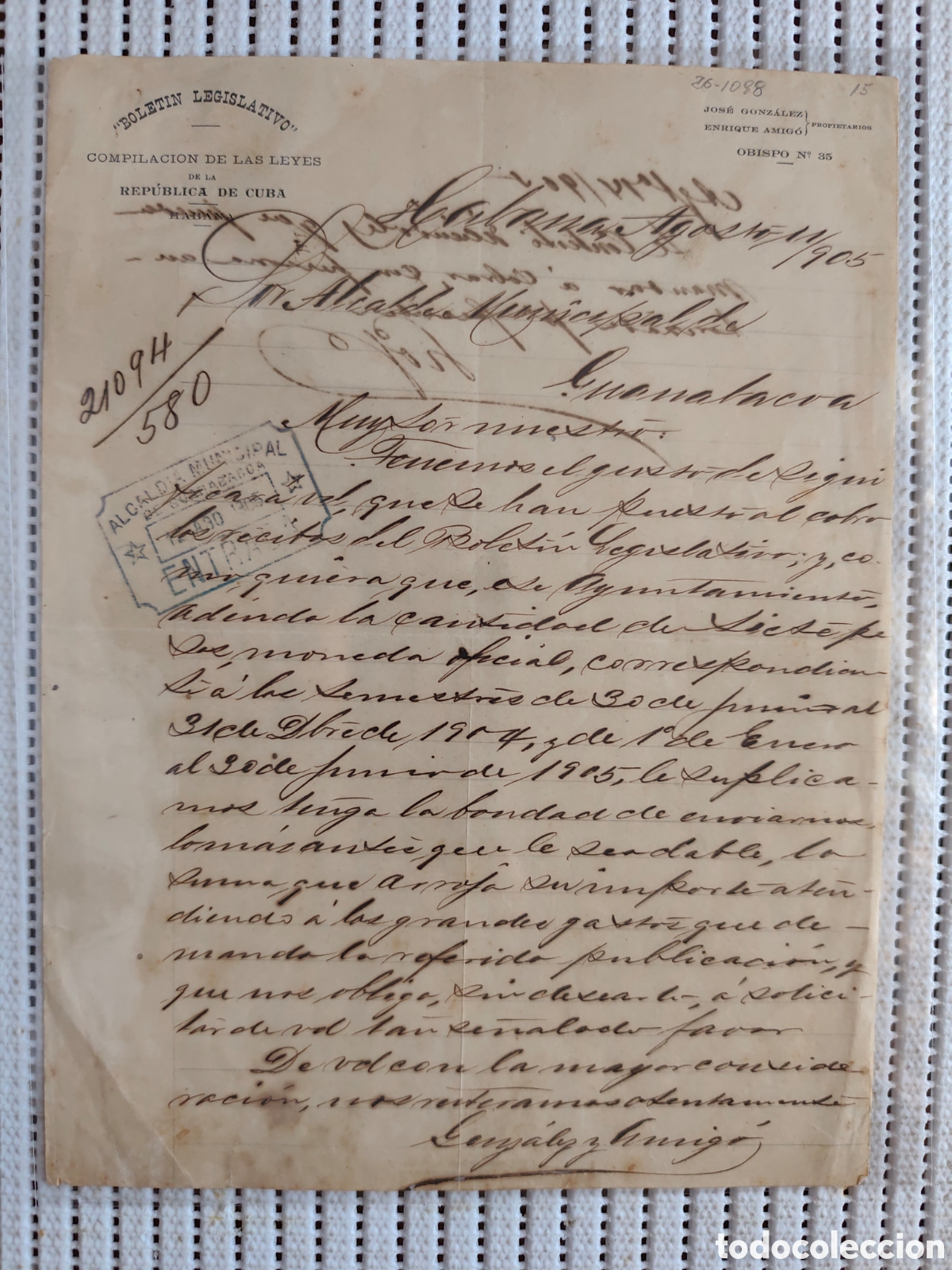 Documentos antiguos: 26-1098 BOLETIN LEGISLATIVO RECLAMANDO LAS CANTIDADES.