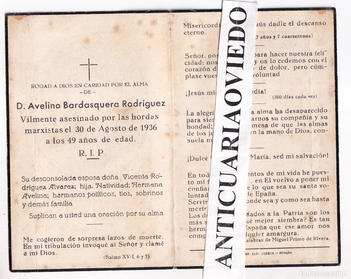 Documentos antiguos: RECORDATORIO DE DIFUNTO. ASESINADO POR LAS HORDAS MARXISTAS. 1936. ASTURIAS. NORE&Ntilde;A. GUERRA CIVIL