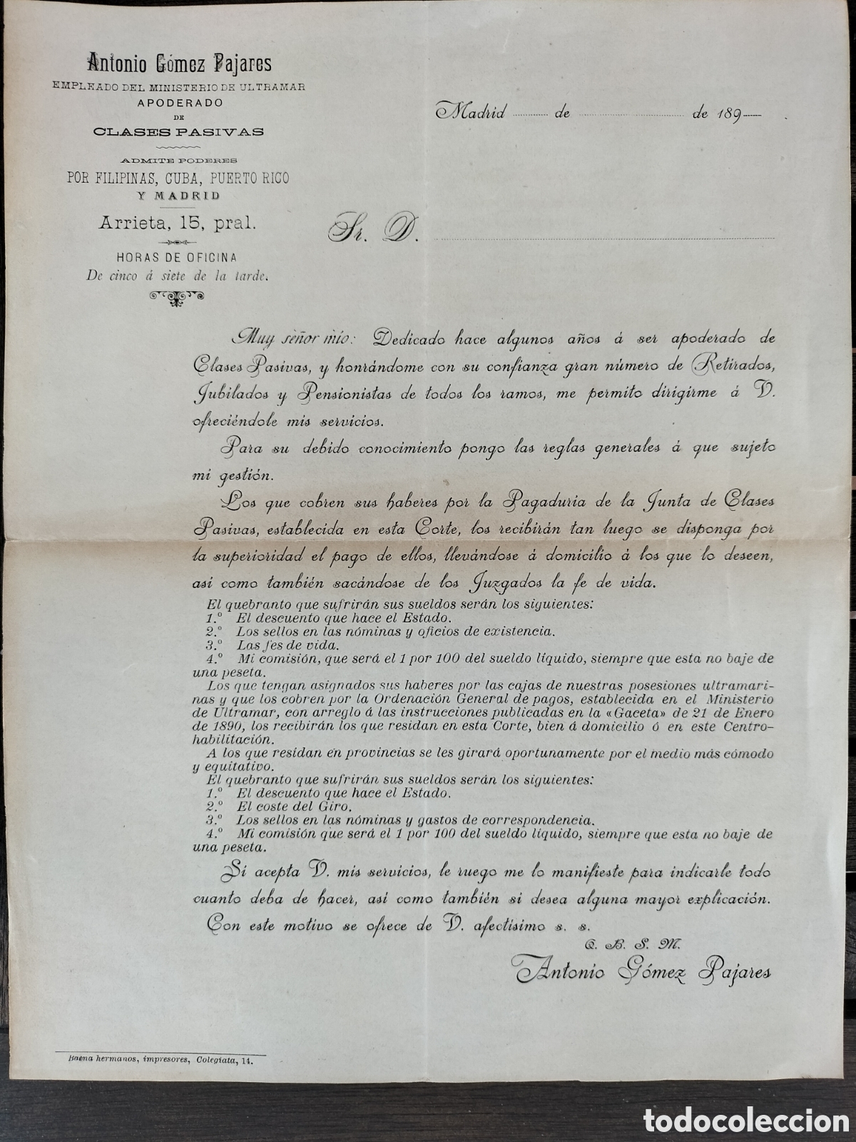 Documentos antiguos: Ultramar. Clases Pasivas. Antonio G&oacute;mez Pajares. 189.