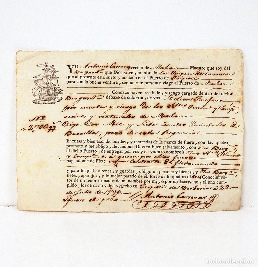 Documentos antiguos: CONTRATO DE FLETE desde el puerto de Tr&iacute;poli al de Mah&oacute;n, 22 de julio de 1796