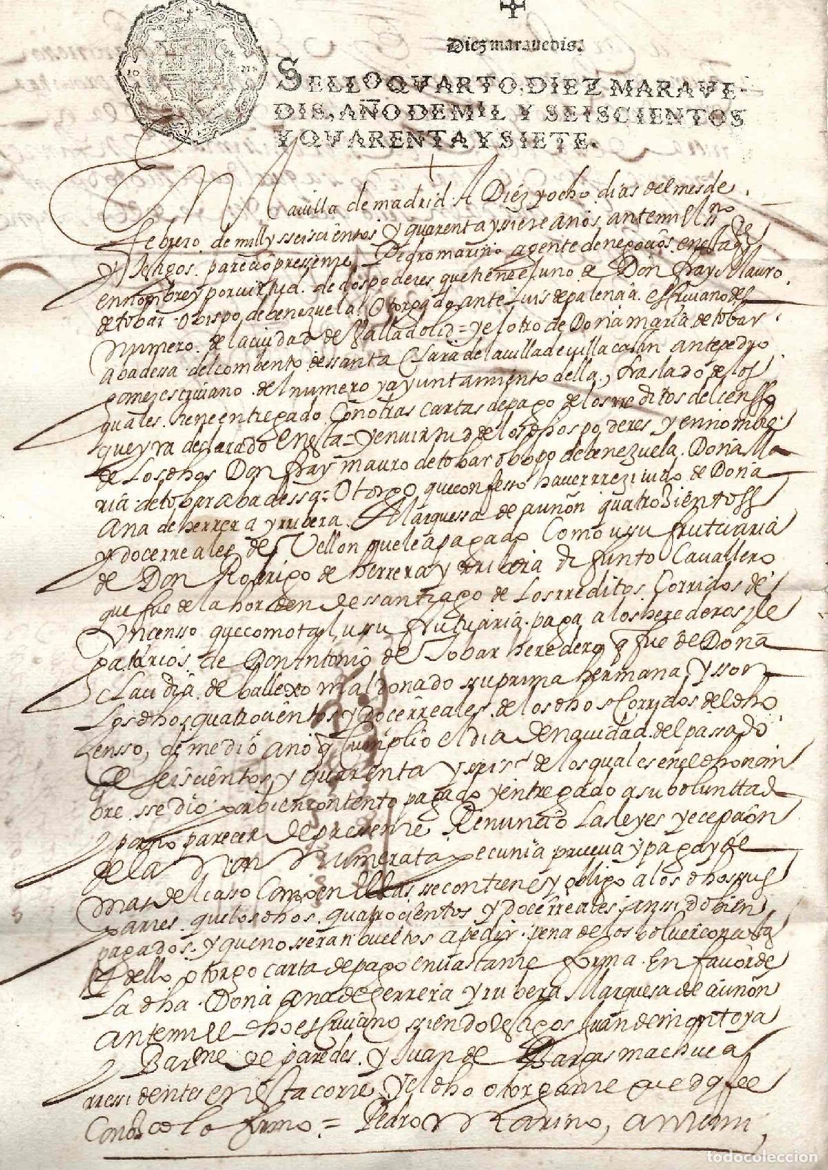 Documentos antiguos: HOJA DE PAPEL TIMBRADO CON SELLO CUARTO 10 MARAVEDIS, A&Ntilde;O 1647