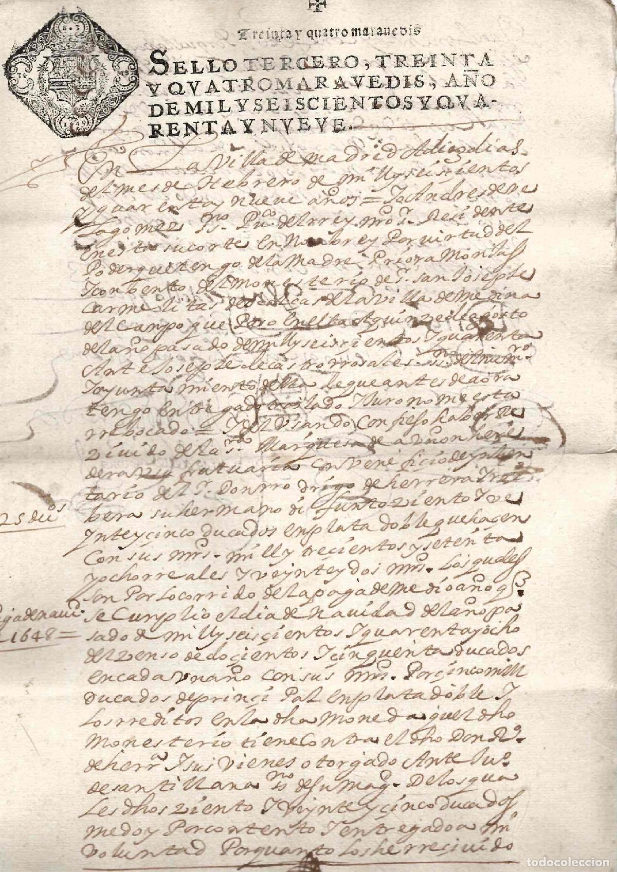 Documentos antiguos: HOJA DE PAPEL TIMBRADO CON SELLO TERCERO 34 MARAVEDIS, A&Ntilde;O 1649