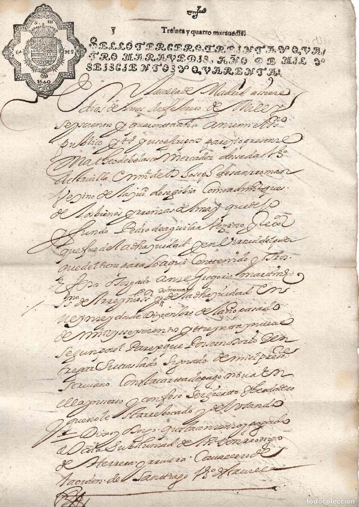 Documentos antiguos: HOJA DE PAPEL TIMBRADO CON SELLO TERCERO 34 MARAVEDIS, A&Ntilde;O 1640
