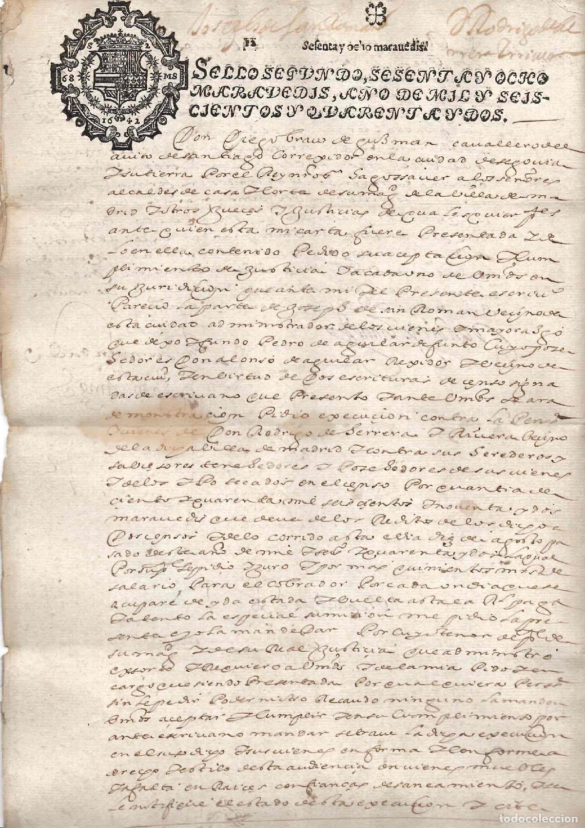 Documentos antiguos: HOJA DE PAPEL TIMBRADO CON SELLO SEGUNDO 68 MARAVEDIS, A&Ntilde;O 1642