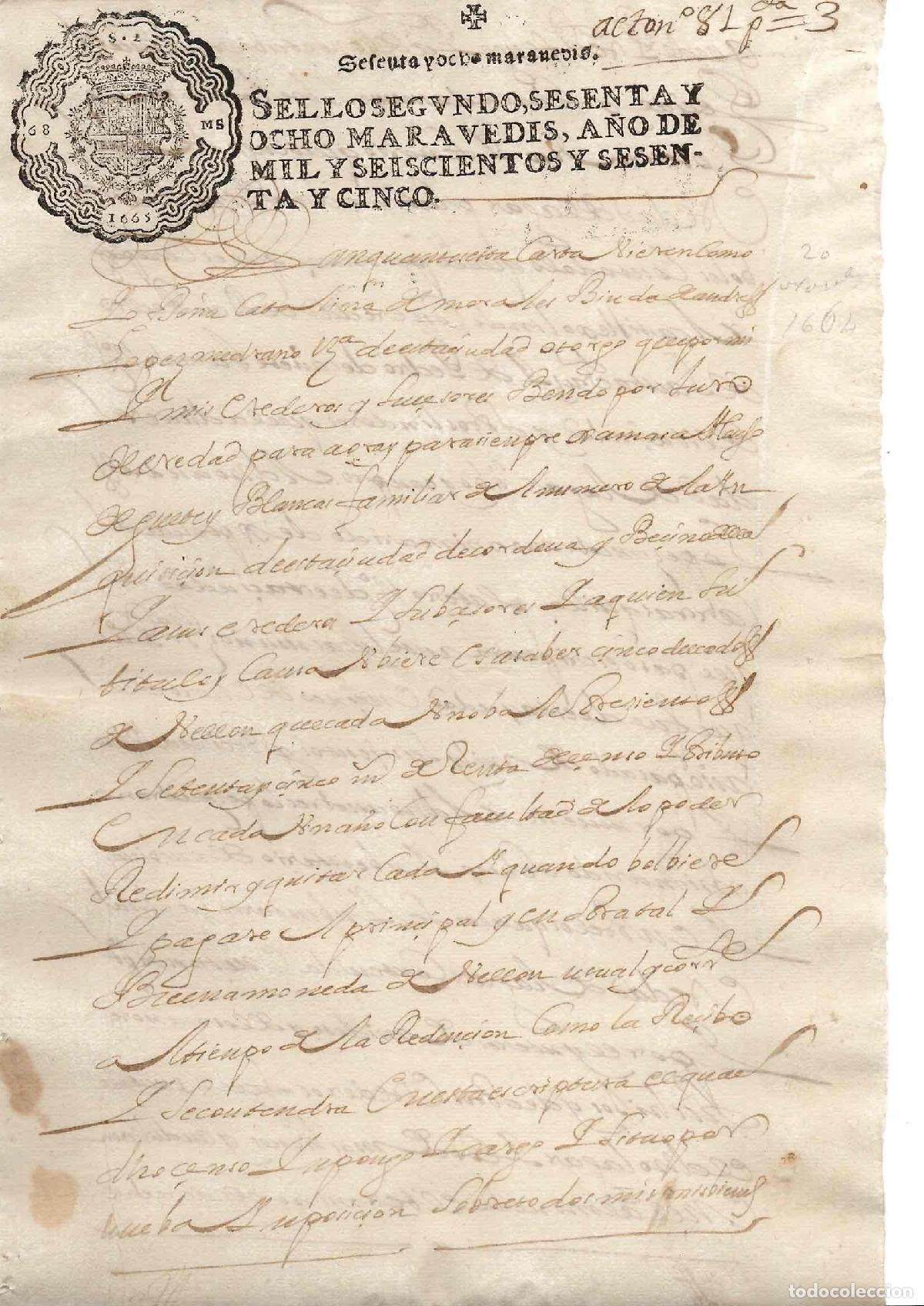 Documentos antiguos: HOJA DE PAPEL TIMBRADO CON SELLO SEGUNDO 68 MARAVEDIS A&Ntilde;O 1665