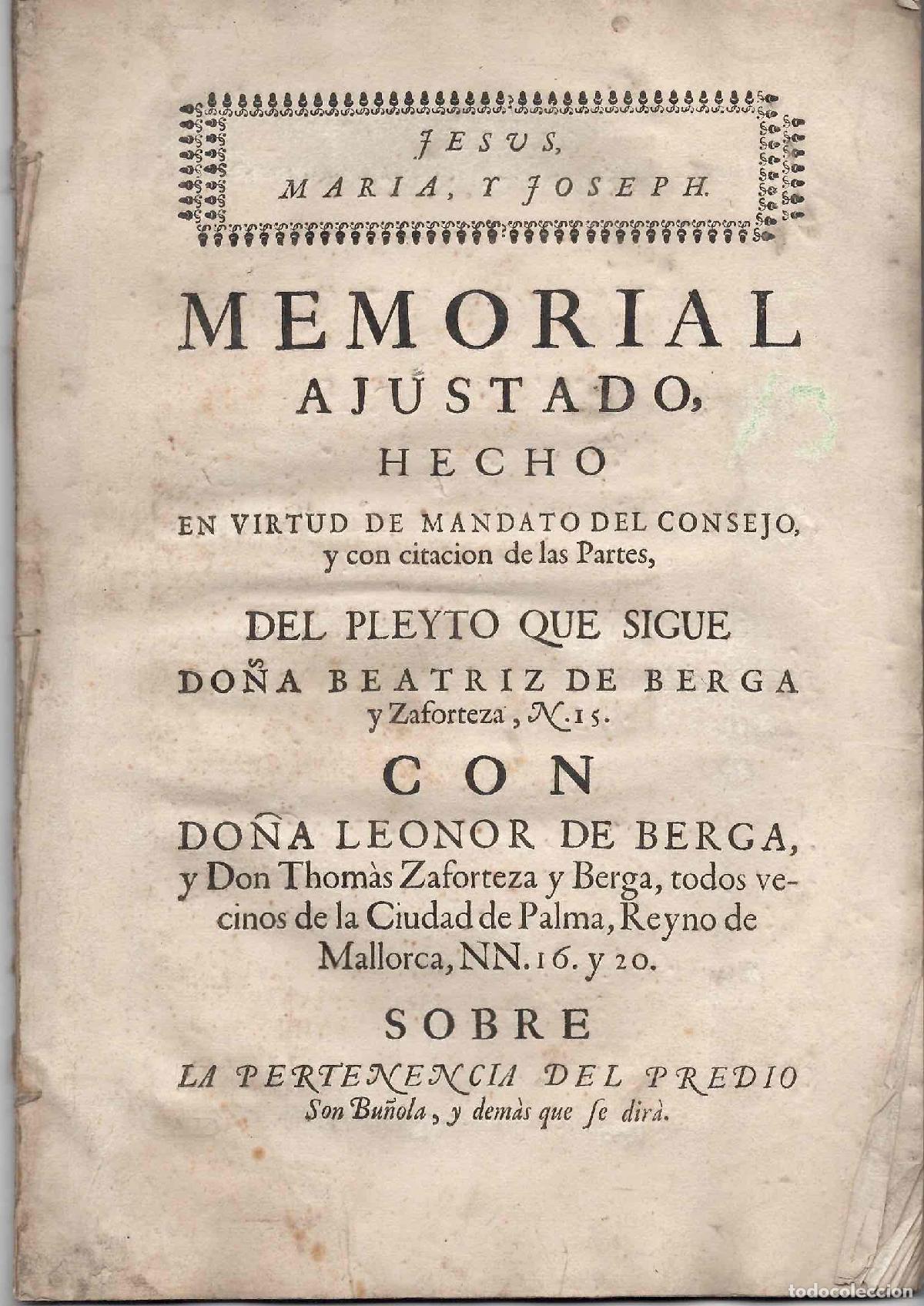 Documentos antiguos: PORCON BEATRIZ DE BERGA CONTRA LEONOR DE BERGA Y TOMAS ZAFORTEZA, VECINOS DE PALMA, MALLORCA 1766