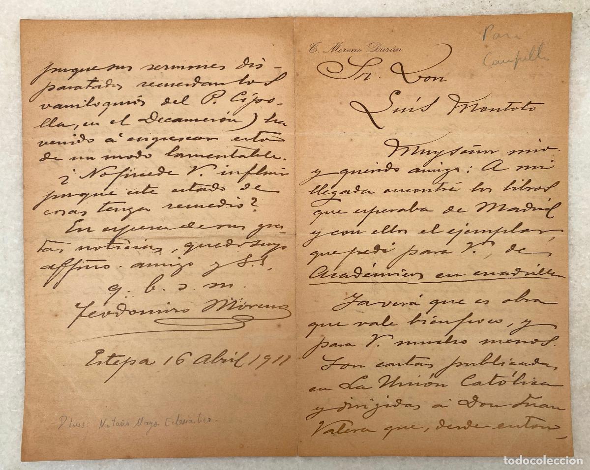 Documentos antiguos: Carta de Teodomiro MORENO DUR&Aacute;N, el Bachiller de Estepa, a Luis MONTOTO. 1911.