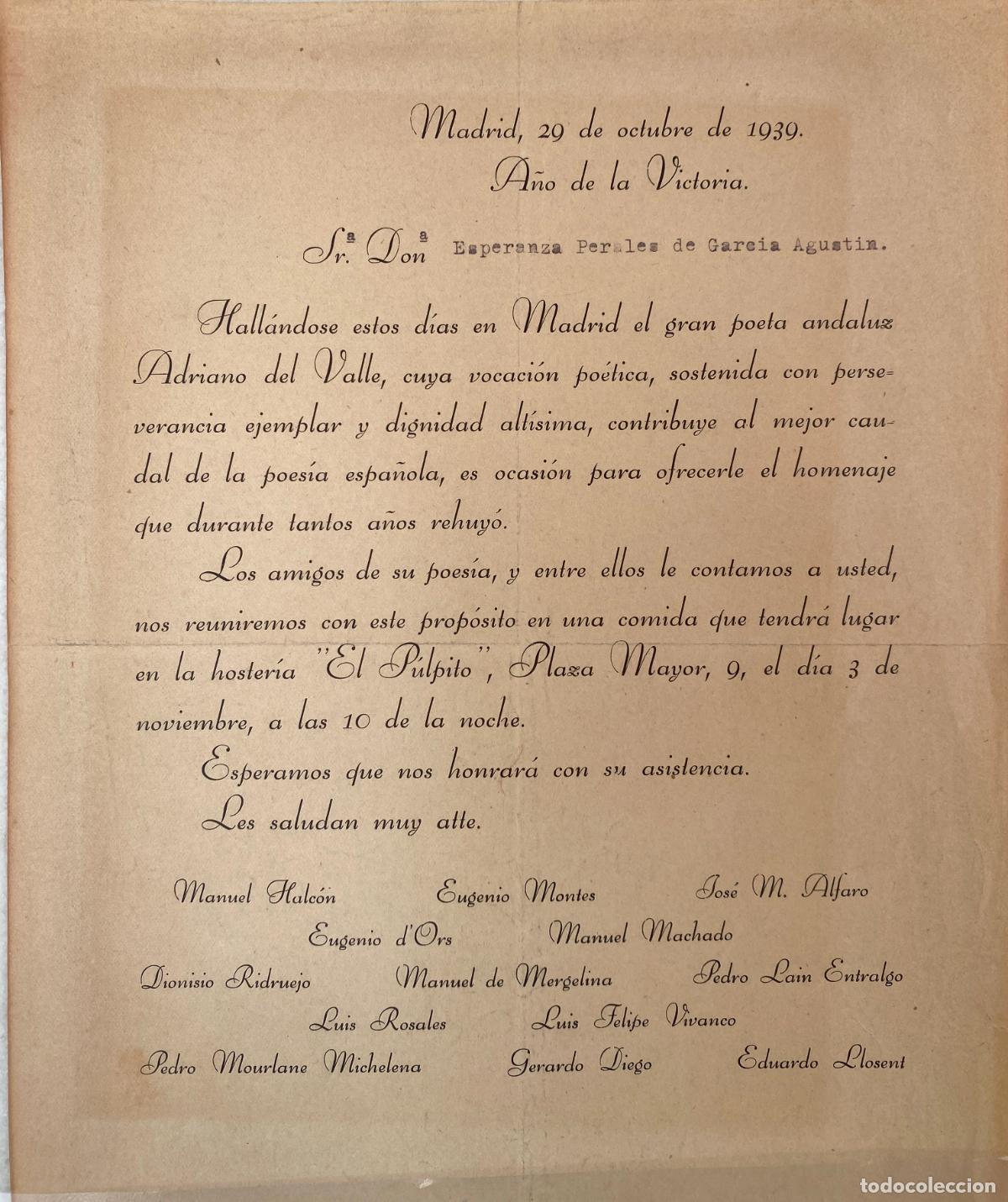 Documentos antiguos: Invitaci&oacute;n a Esperanza Perales (Eva Cervantes) homenaje a Adriano del Valle, en &ldquo;El P&uacute;lpito&rdquo;, Madrid