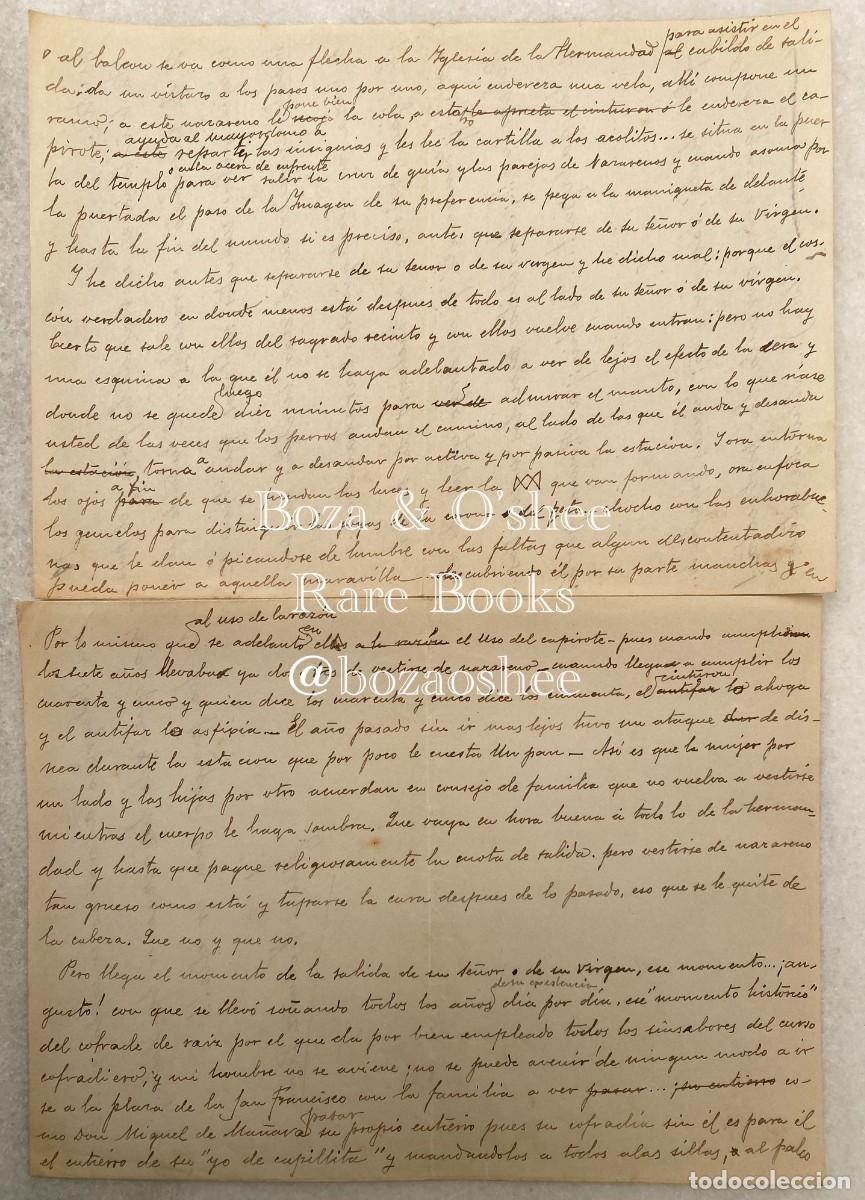 Documentos antiguos: JUAN FRANCISCO MU&Ntilde;OZ Y PAB&Oacute;N. Borradores manuscritos sobre Semana Santa y Feria. Hacia 1910-20.