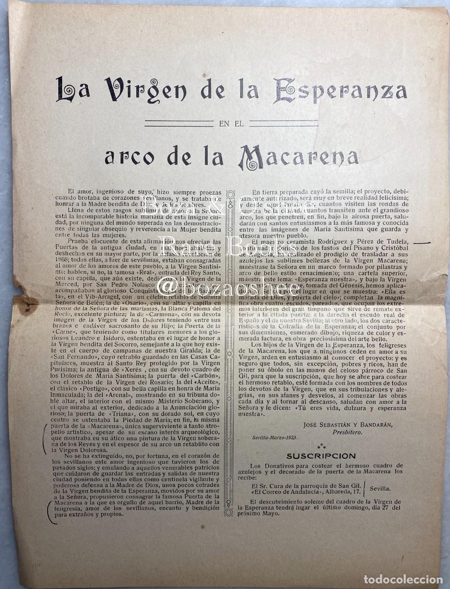 Documentos antiguos: SEBASTI&Aacute;N BANDAR&Aacute;N. Virgen de la Esperanza Arco Macarena. Suscripci&oacute;n azulejo. 1923 Sevilla