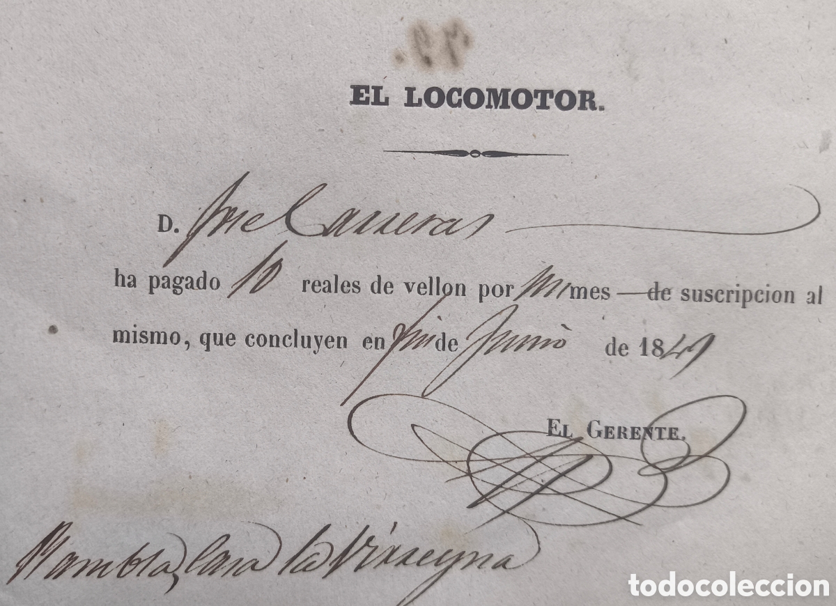Documentos antigos: DOCUMENTO RECIBO PAGO EN REALES DE VELL&Oacute;N EL LOCOMOTOR BARCELONA 1849