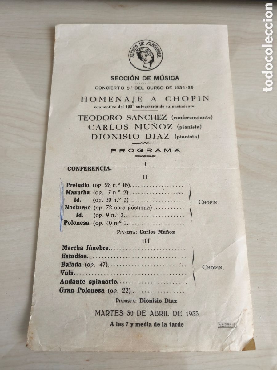 Documentos antiguos: Ateneo de Santander. Programa homenaje a Chopin. 30 de Abril de 1935. Santander