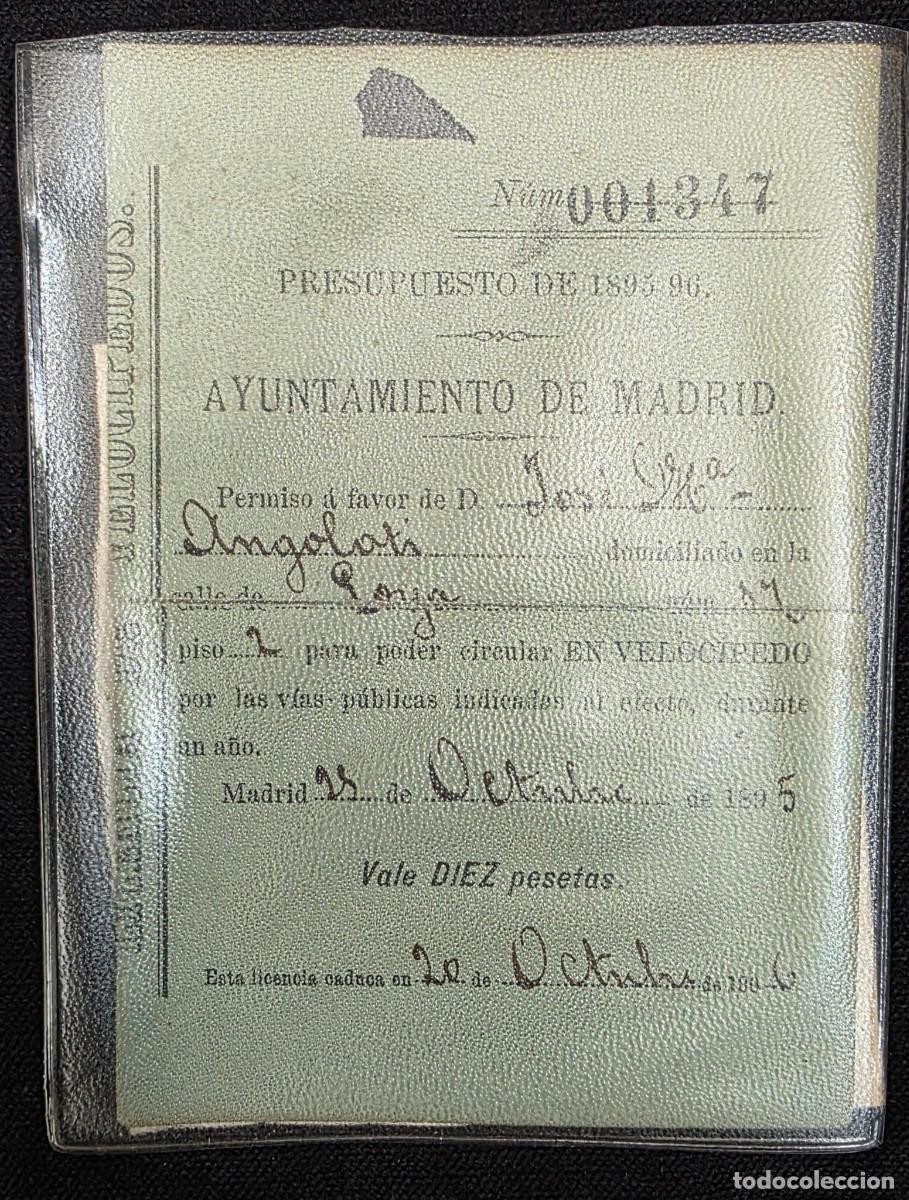 Documentos antiguos: Licencia Original Veloc&iacute;pedo Ayuntamiento de Madrid 1895 Documento Hist&oacute;rico Antiguo 13x9 cm