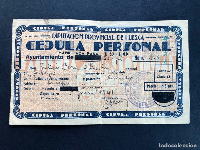 Documentos antiguos: C&Eacute;DULA PERSONAL DE IDENTIDAD A&Ntilde;O 1936 / HABILITADA PARA 1940 / SENEG&Uuml;E / HUESCA